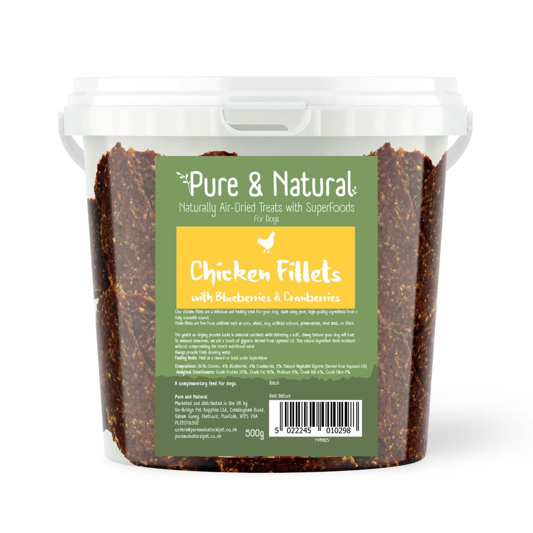 Pure & Natural Air Dried Chicken Fillets Treats with Superfoods Blueberries & Cranberries Tub 500g