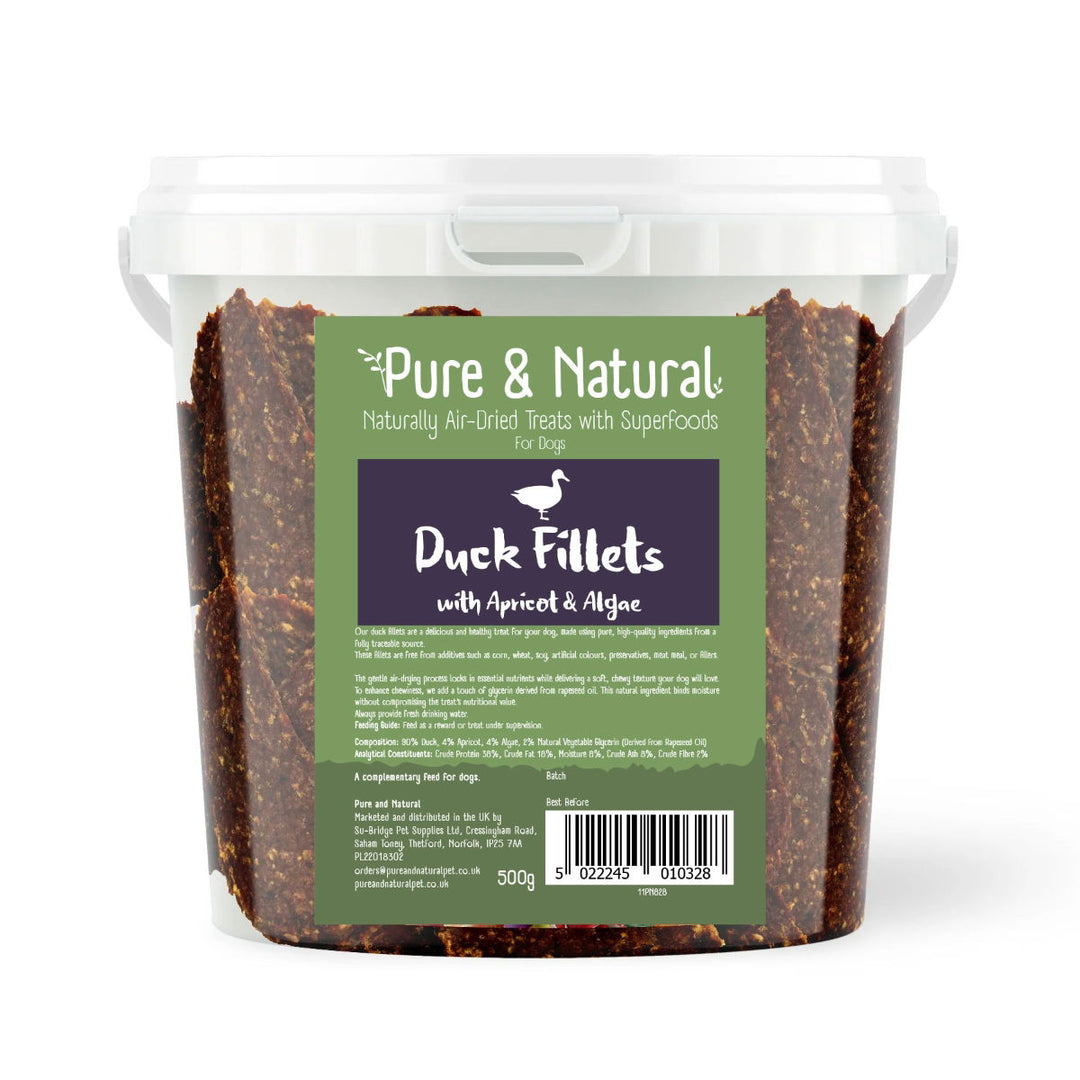 Pure & Natural Air Dried Duck Fillets Treats with Superfoods Apricot & Algae Tub 500g