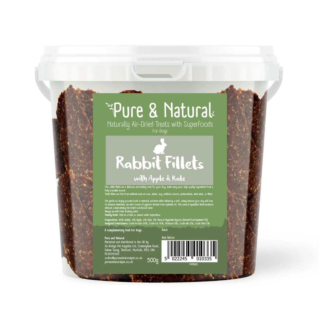 Pure & Natural Air Dried Rabbit Fillets Treats with Superfoods Apple & Kale Tub 500g