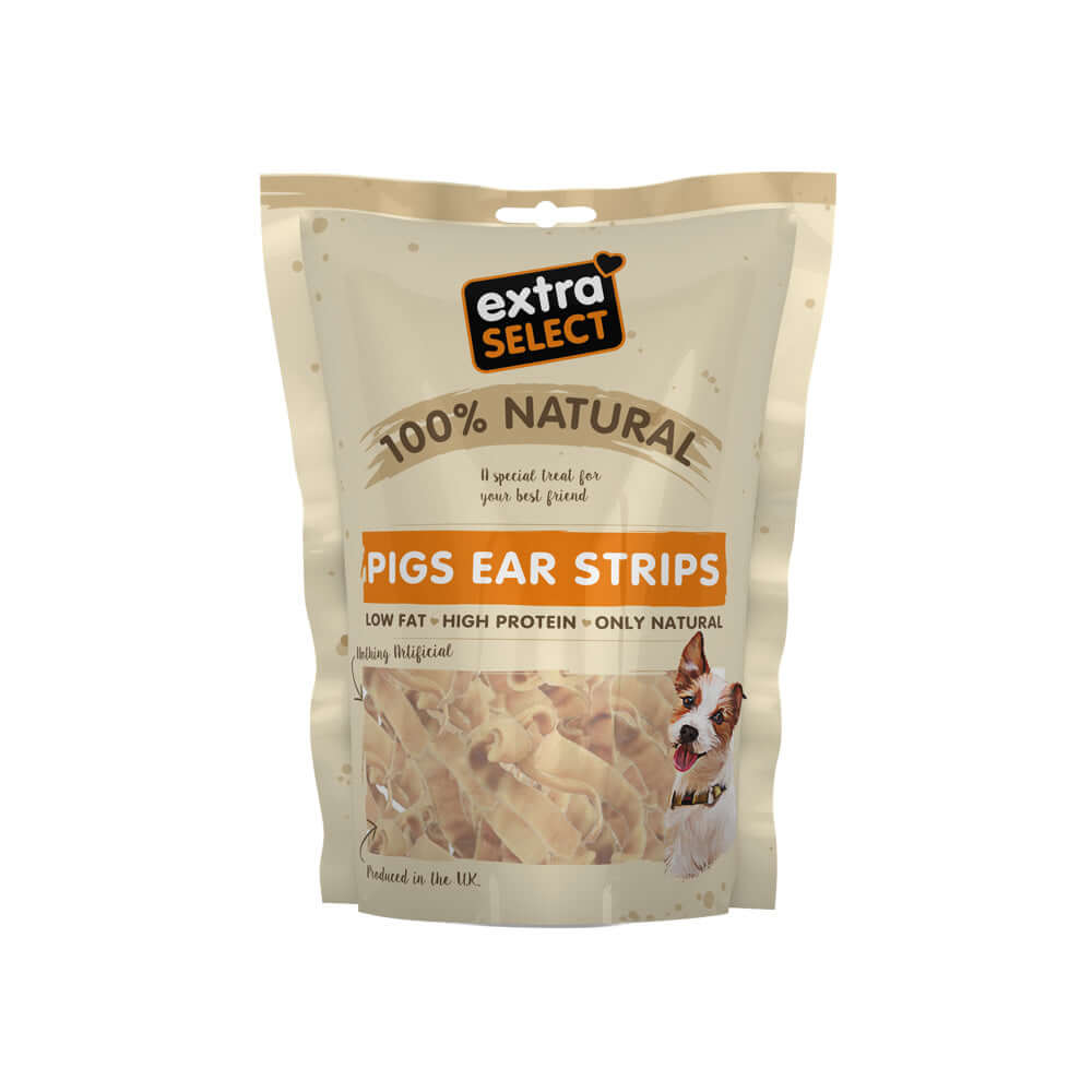 Extra Select Natural Dog Treats Pigs Ear Strips 100g Bag