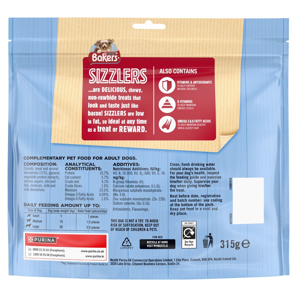 Bakers Sizzlers Delicious Meaty Treats Bacon Flavour 315G