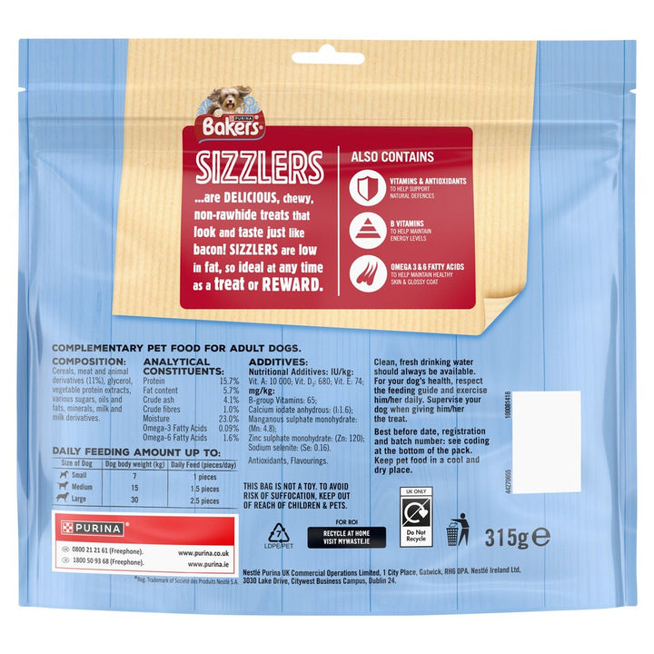 Bakers Sizzlers Delicious Meaty Treats Bacon Flavour 315G