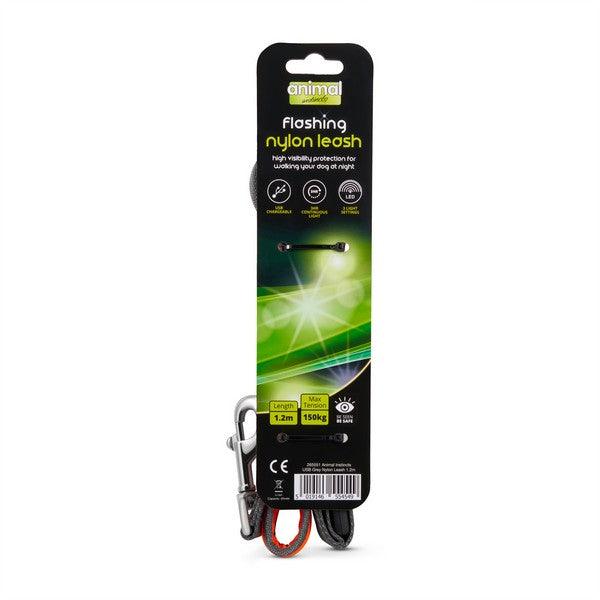 Animal Instincts Flashing Safety USB Nylon Leash Grey/Orange  1.2M