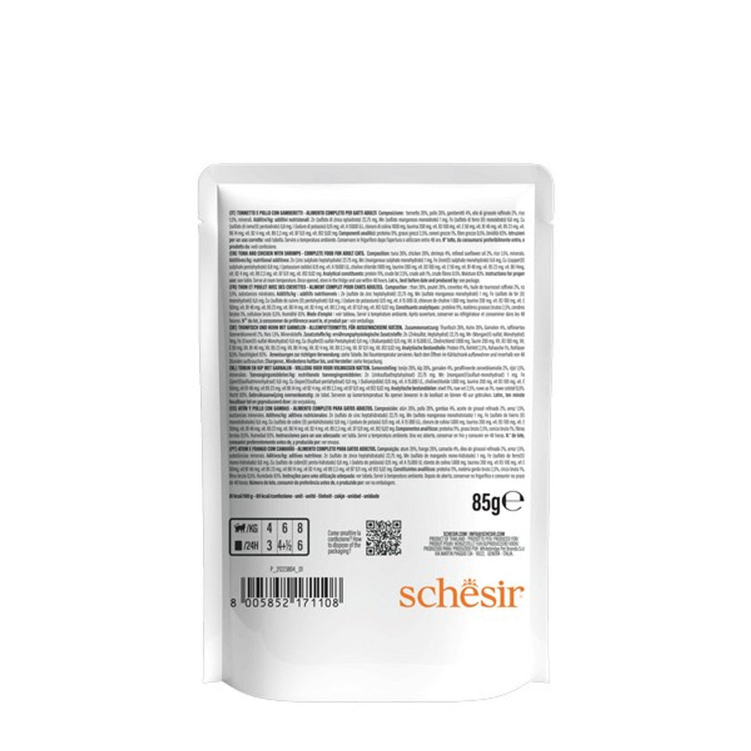 Schesir Tuna with Chicken & Shrimps In Jelly Pouch Complete and Balanced 85g x 12