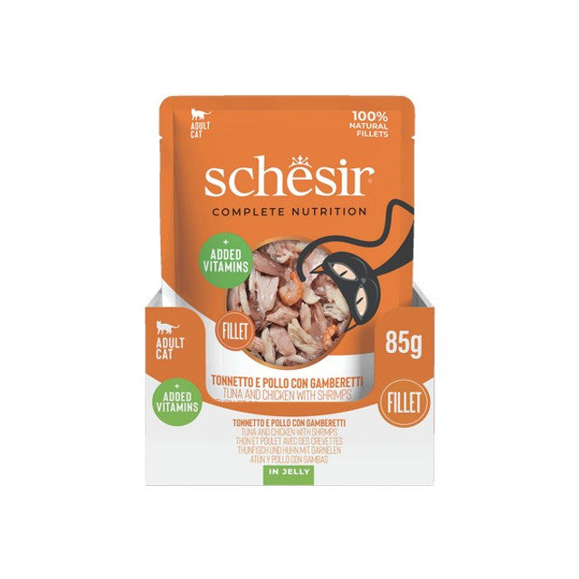 Schesir Tuna with Chicken & Shrimps In Jelly Pouch Complete and Balanced 85g x 12