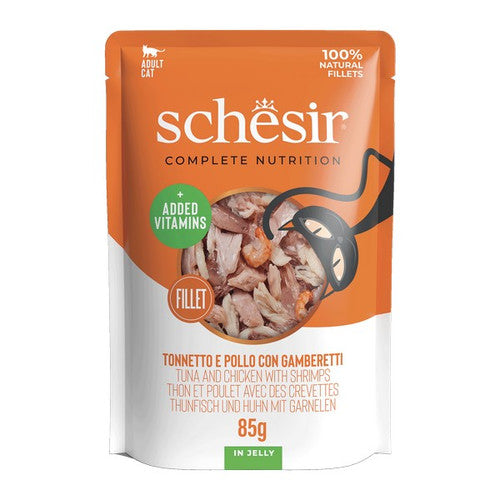 Schesir Tuna with Chicken & Shrimps In Jelly Pouch Complete and Balanced 85g x 12