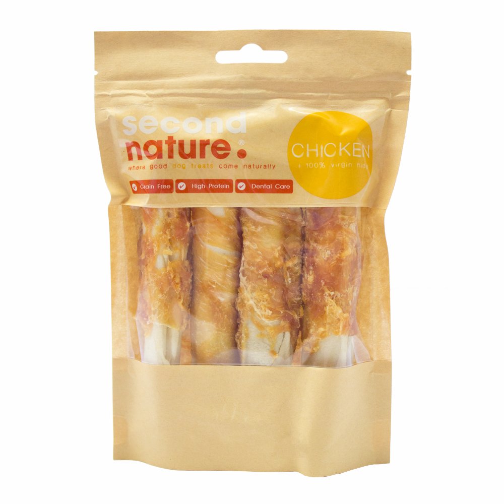 Second Nature Dog Treats 15mm Whitehide Pressed Stick Wrapped in Chicken 4pk