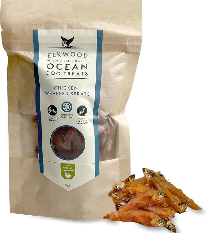 Elkwood 100% Natural Ocean Dog Treats Chicken Wrapped Sprats Fish 70g