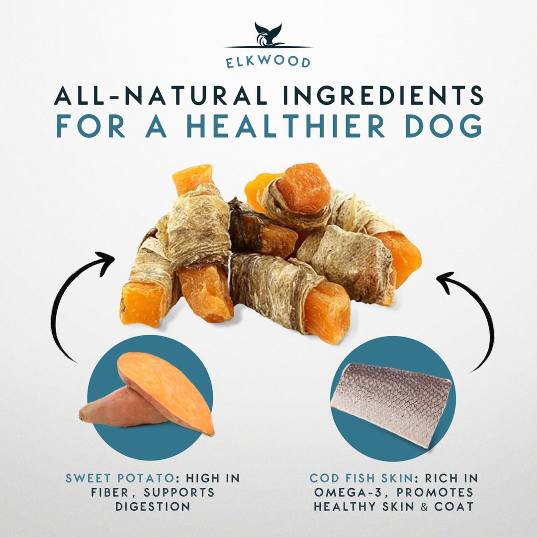 Elkwood 100% Natural Ocean Dog Treats Sweet Potato Strips Wrapped With Fish Skin 100g