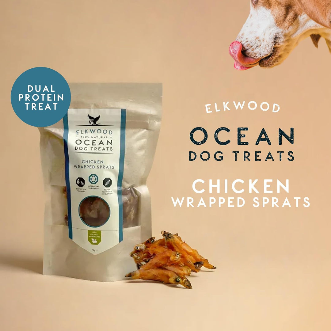 Elkwood 100% Natural Ocean Dog Treats Chicken Wrapped Sprats Fish 70g