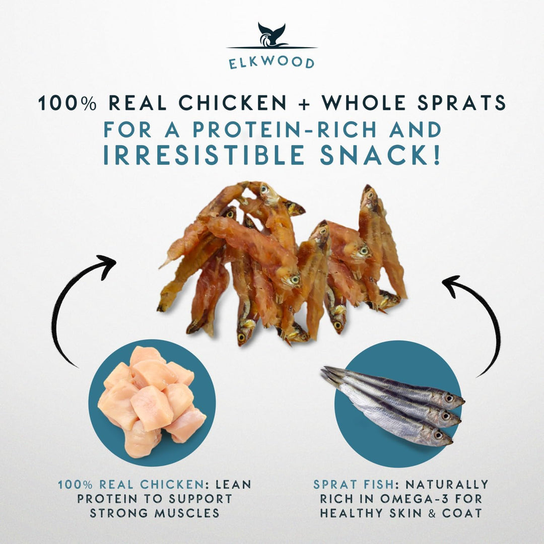 Elkwood 100% Natural Ocean Dog Treats Chicken Wrapped Sprats Fish 70g