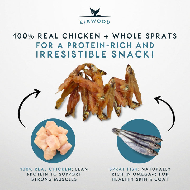 Elkwood 100% Natural Ocean Dog Treats Chicken Wrapped Sprats Fish 70g