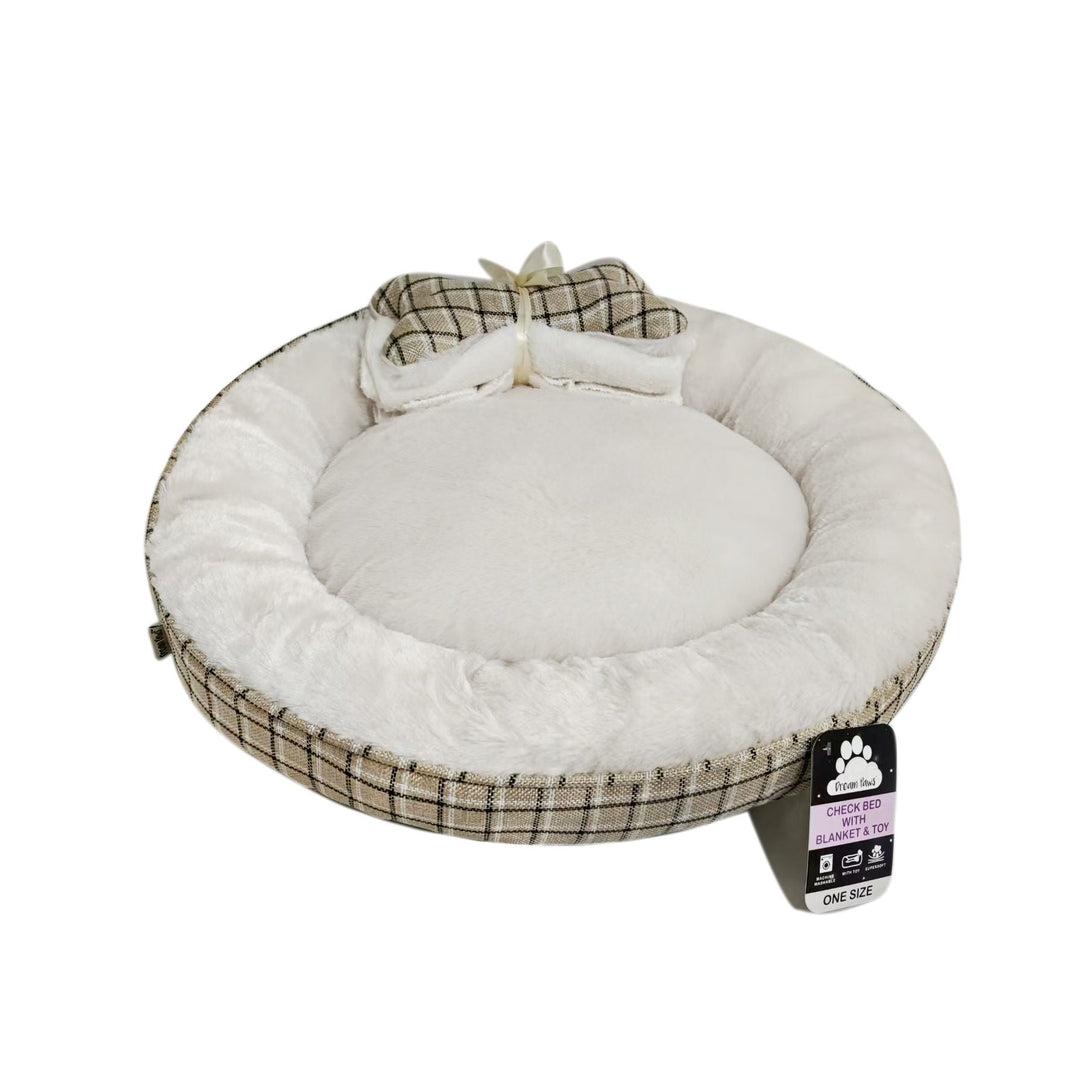 Dream Paws Neutral Check Dog Bed With Matching Blanket &amp; Toy