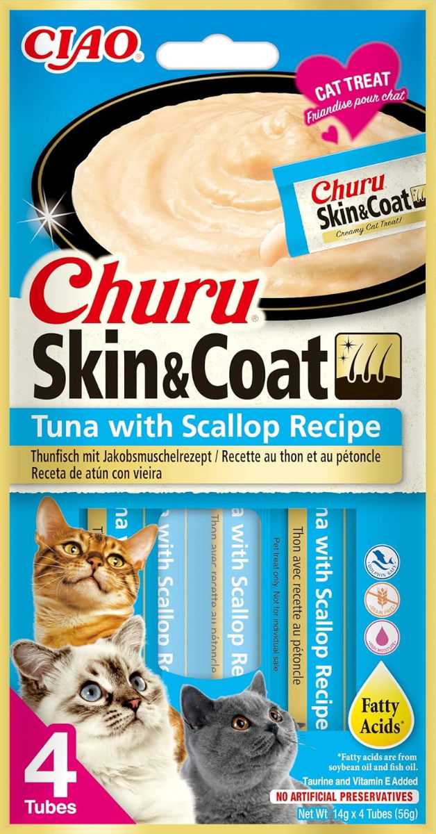 Churu Skin&Coat Tuna with Scallop Recipe Cat Treats 4x14g