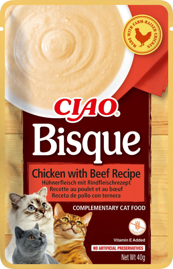 CIAO Bisque Chicken with Beef Recipe Cat Wet Pouches 40gx12
