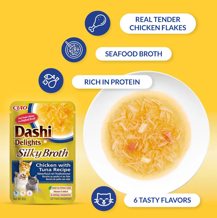 Dashi Delights Silky Broth Chicken with Tuna Recipe Cat Wet Pouches 40gx12