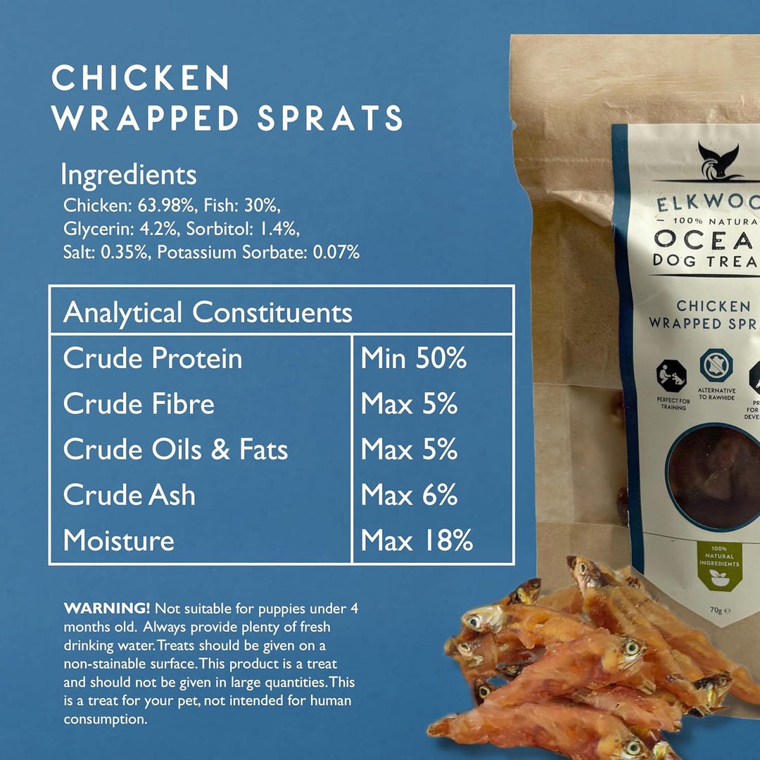 Elkwood 100% Natural Ocean Dog Treats Chicken Wrapped Sprats Fish 70g