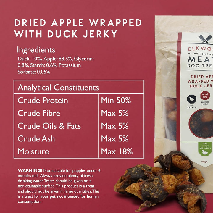 Elkwood 100% Natural Meaty Dog Treats Dried Apple Chunks Wrapped With Duck Jerky 100g
