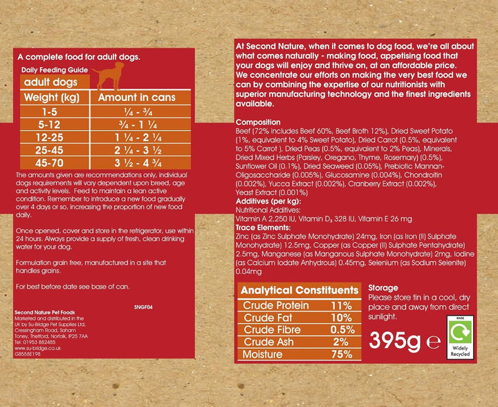Second Nature Grain Free Tin Beef & Sweet Potato 12x395g