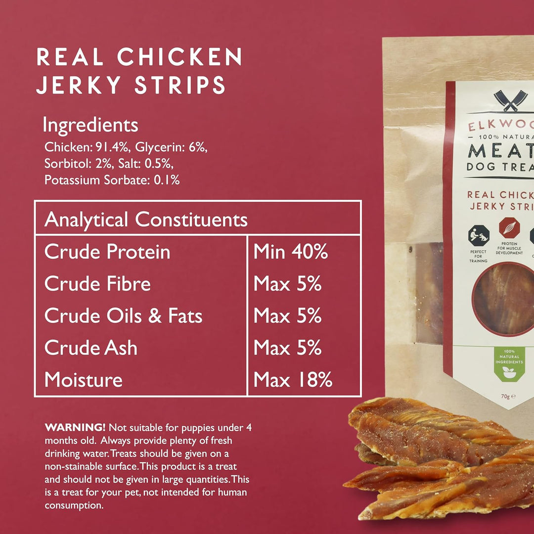 Elkwood 100% Natural Meaty Dog Treats Real Chicken Jerky Strips 70g