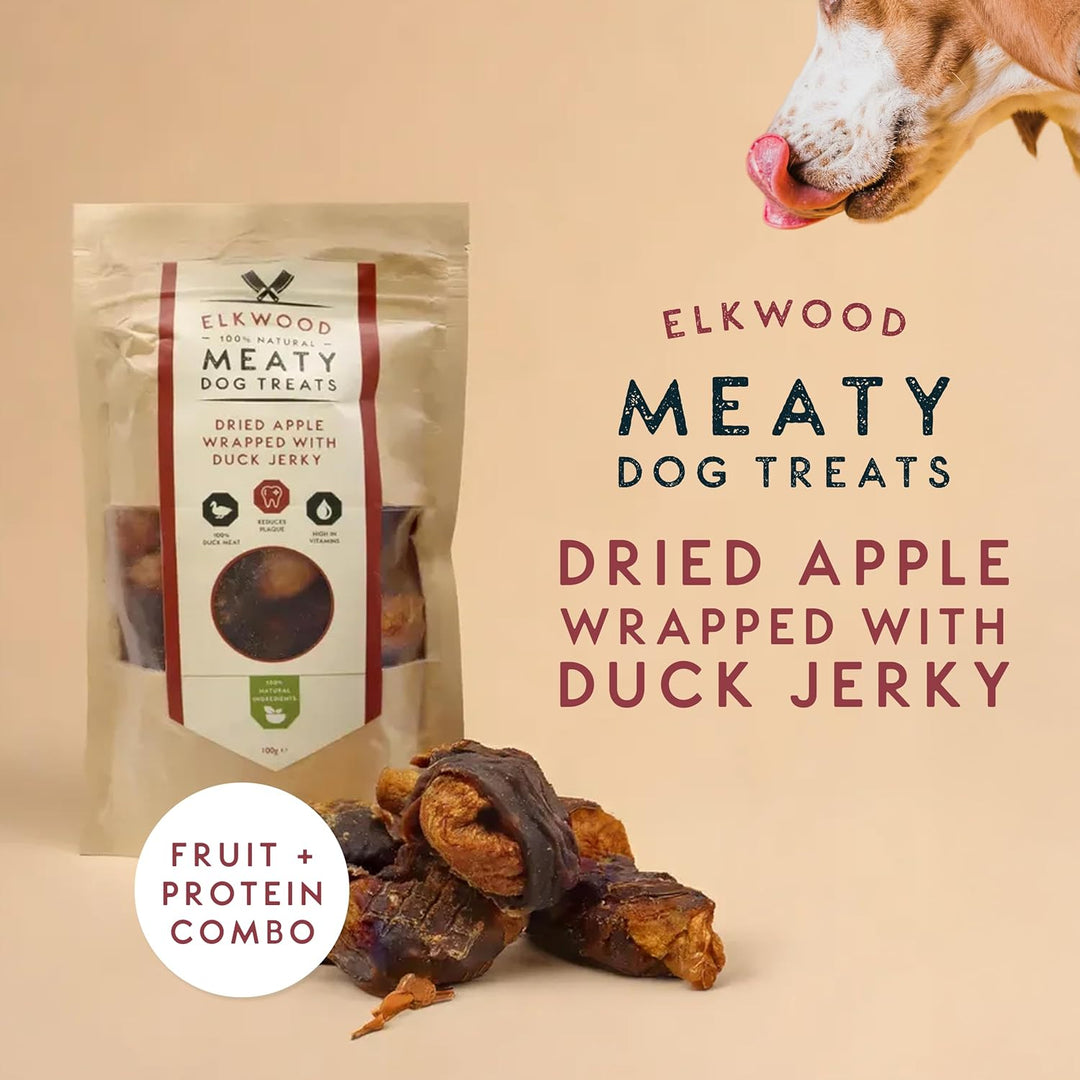 Elkwood 100% Natural Meaty Dog Treats Dried Apple Chunks Wrapped With Duck Jerky 100g