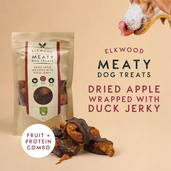 Elkwood 100% Natural Meaty Dog Treats Dried Apple Chunks Wrapped With Duck Jerky 100g