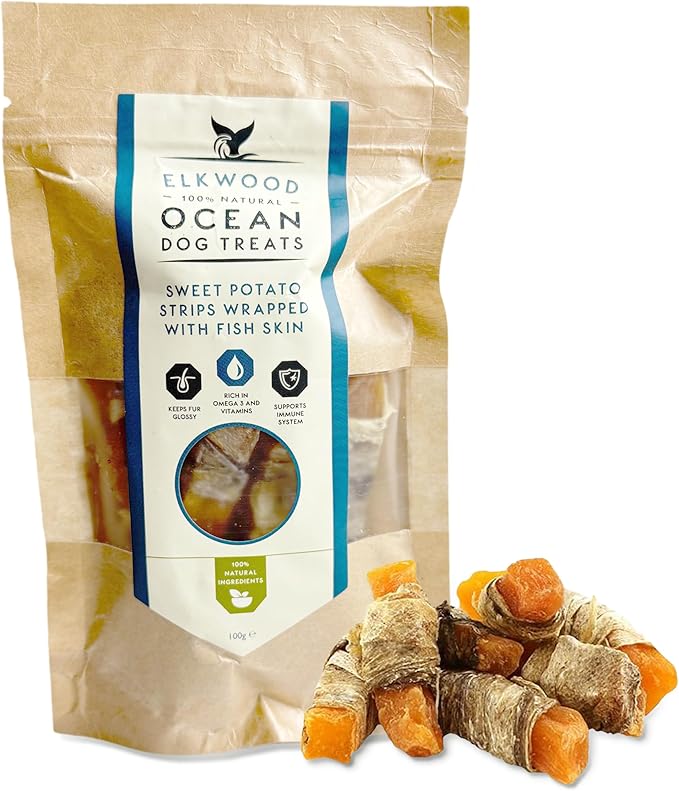 Elkwood 100% Natural Ocean Dog Treats Sweet Potato Strips Wrapped With Fish Skin 100g