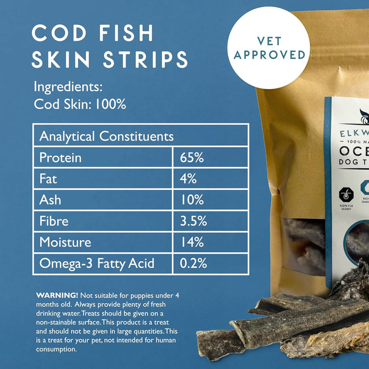 Elkwood 100% Natural Cod Fish Skin Strips for Dogs 120g
