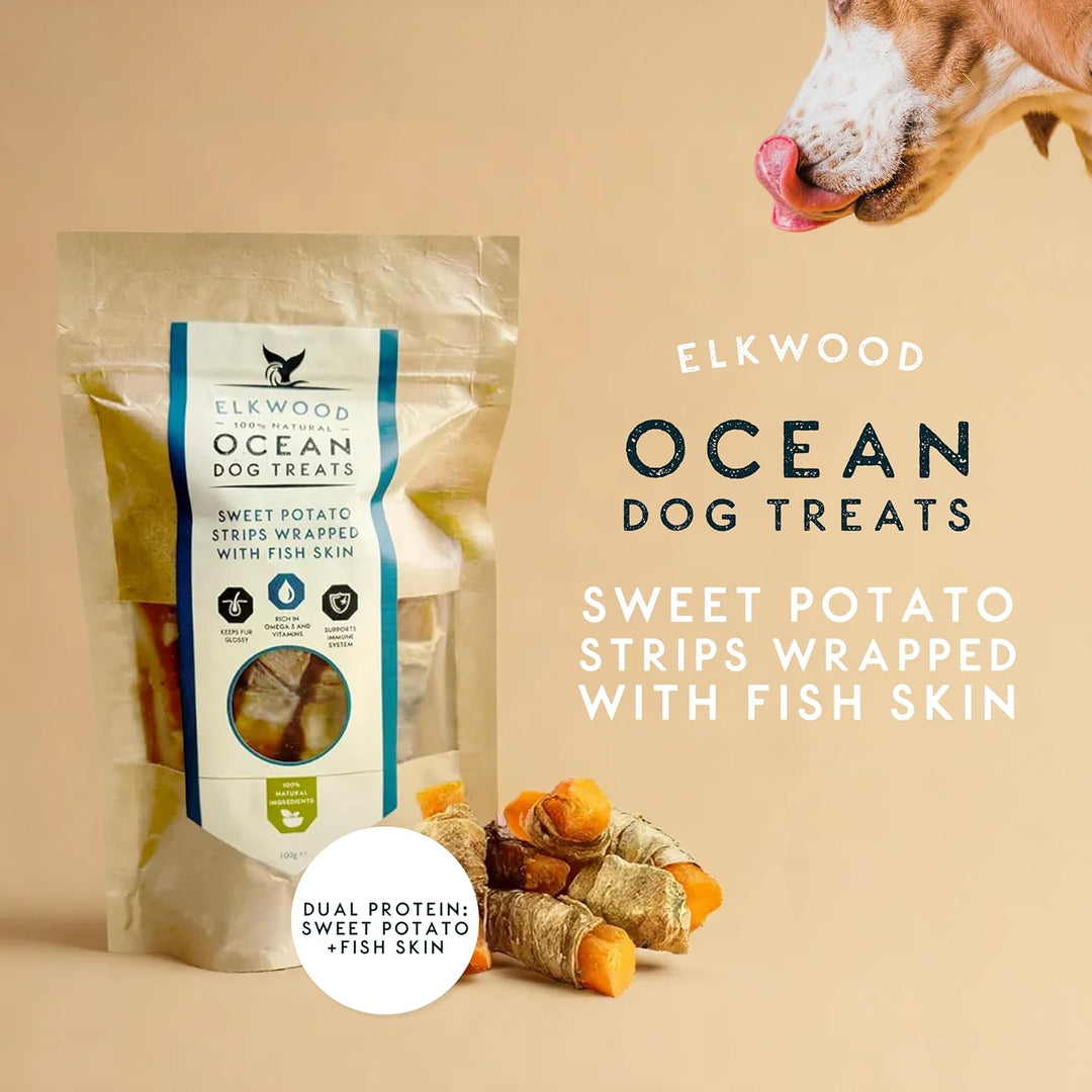 Elkwood 100% Natural Ocean Dog Treats Sweet Potato Strips Wrapped With Fish Skin 100g