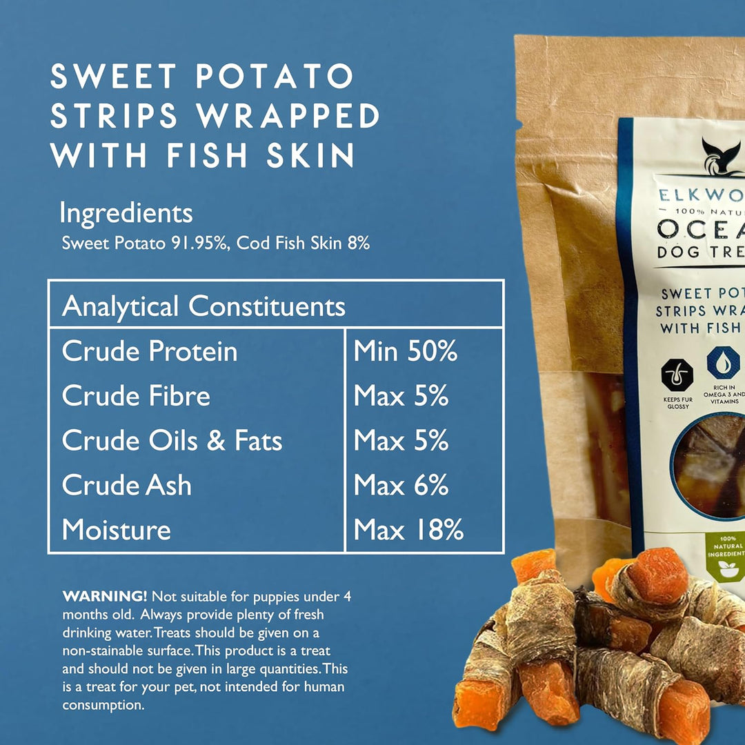 Elkwood 100% Natural Ocean Dog Treats Sweet Potato Strips Wrapped With Fish Skin 100g