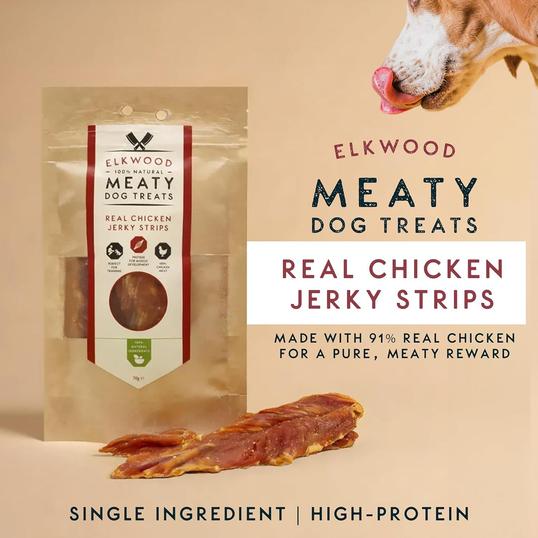 Elkwood 100% Natural Meaty Dog Treats Real Chicken Jerky Strips 70g