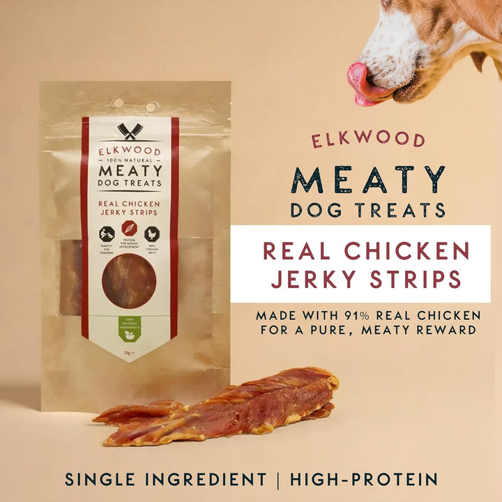 Elkwood 100% Natural Meaty Dog Treats Real Chicken Jerky Strips 70g
