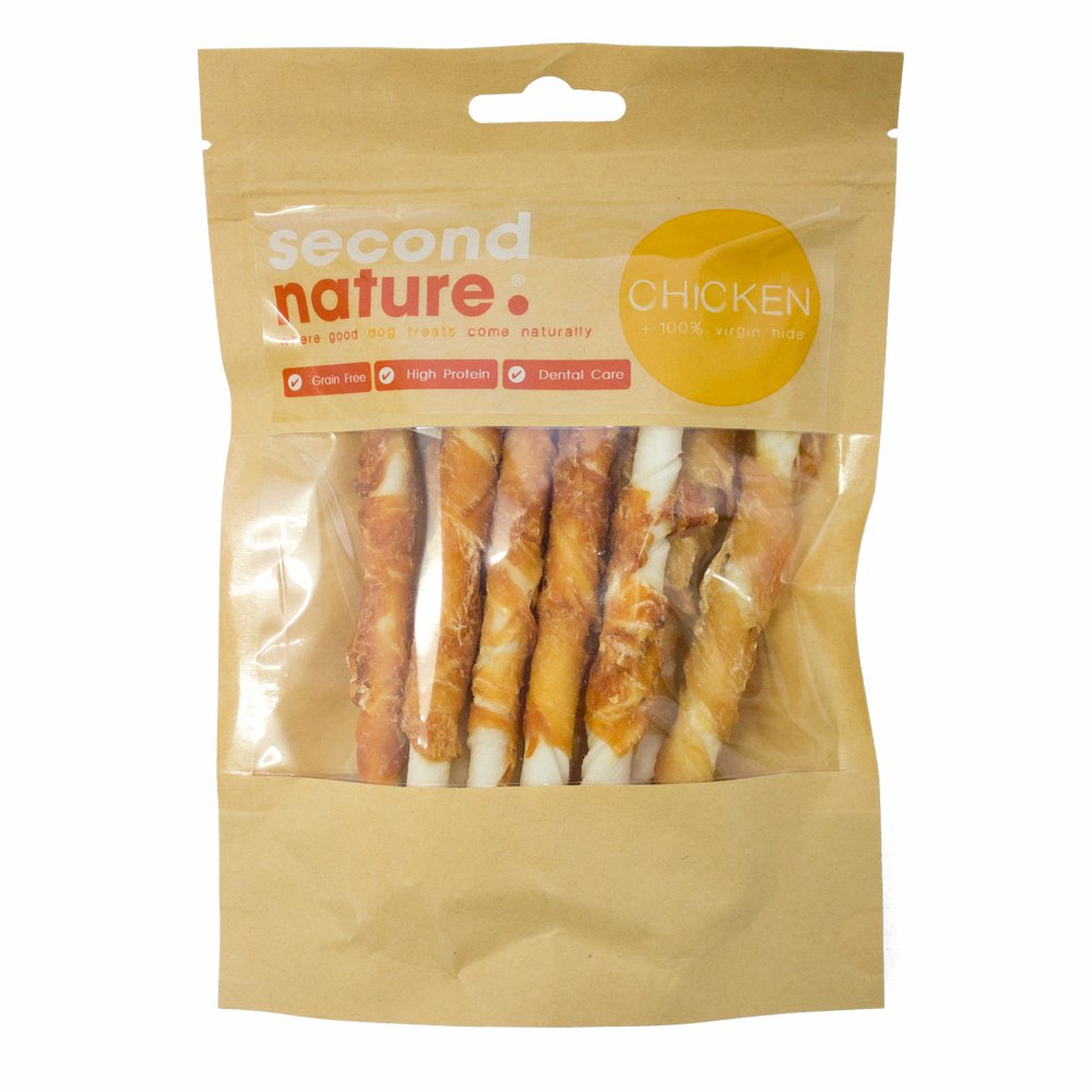Second Nature Dog Treats 5in x 7/8mm Whitehide Twisted Stick Wrapped in Chicken 10pk