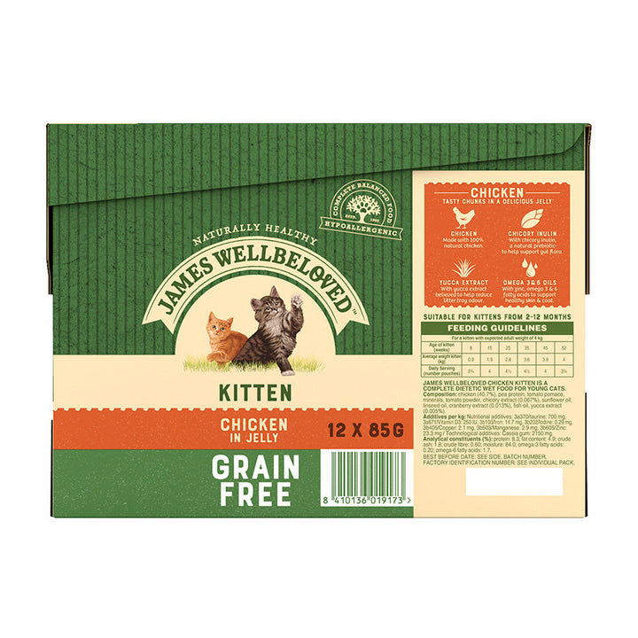 James Wellbeloved Grain Free Kitten Cat Wet Food Pouch Chicken in Jelly 12x85g