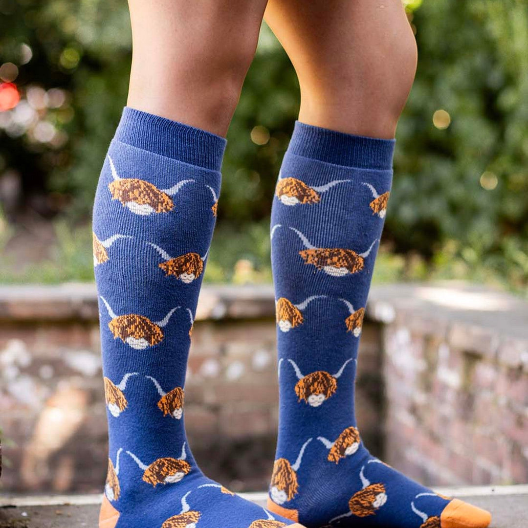 BARTLEBY FUNKY WELLY SOCKS LADIES HIGHLAND COW SIZE 4-8