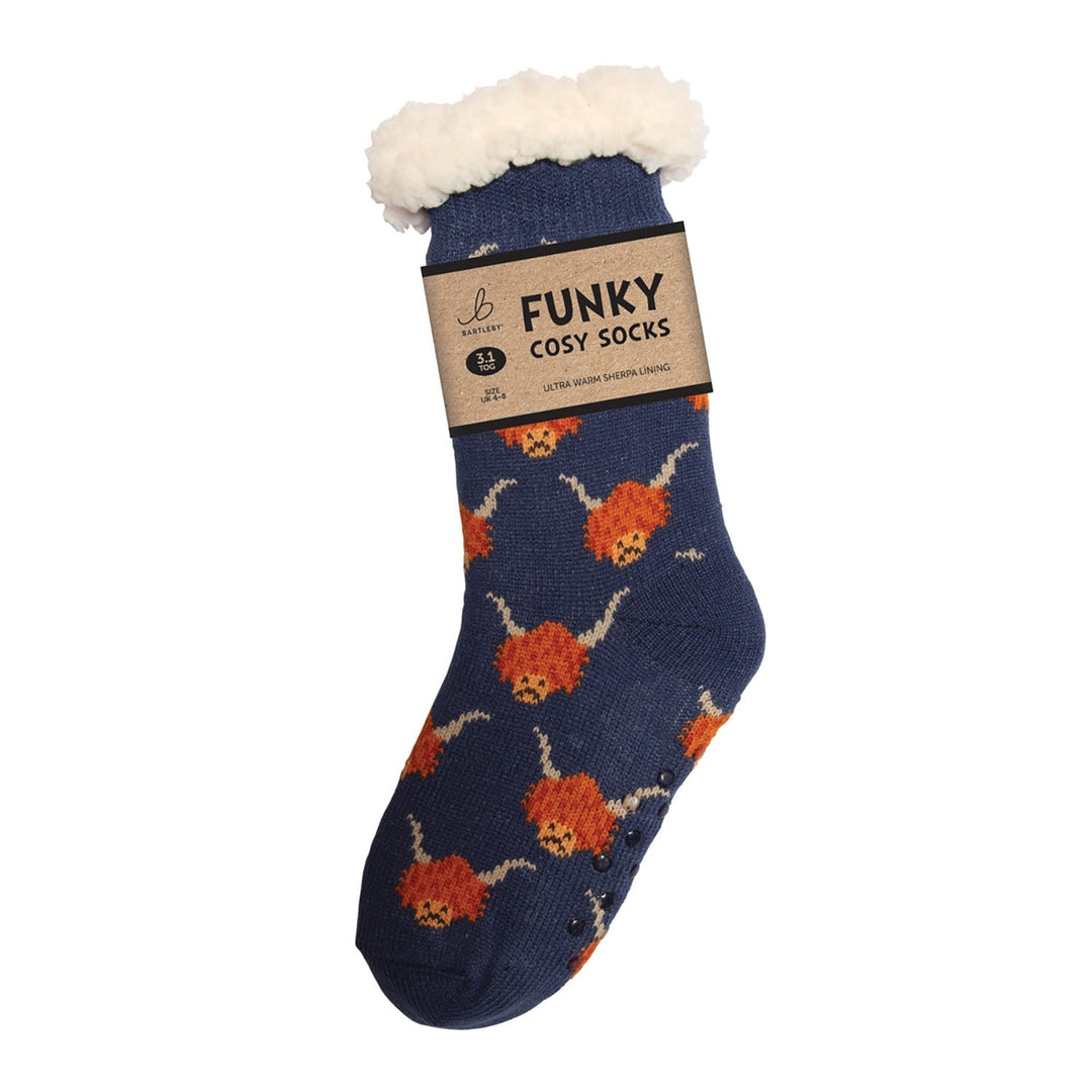 BARTLEBY FUNKY SHERPA SOCKS LADIES HIGHLAND COW SIZE 4-8