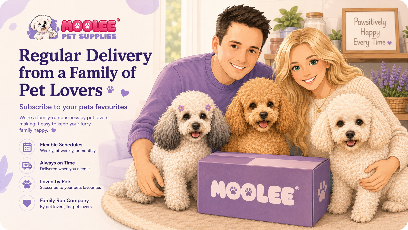 Mike and Anna with Rosie, Lily and Daisy beside a Moolee Regular Delivery box