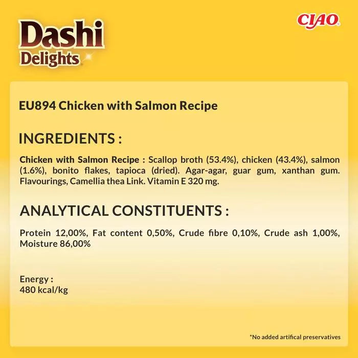 Dashi Delights Delicate Flakes Chicken with Salmon Recipe Cat Wet Pouches 40gx12