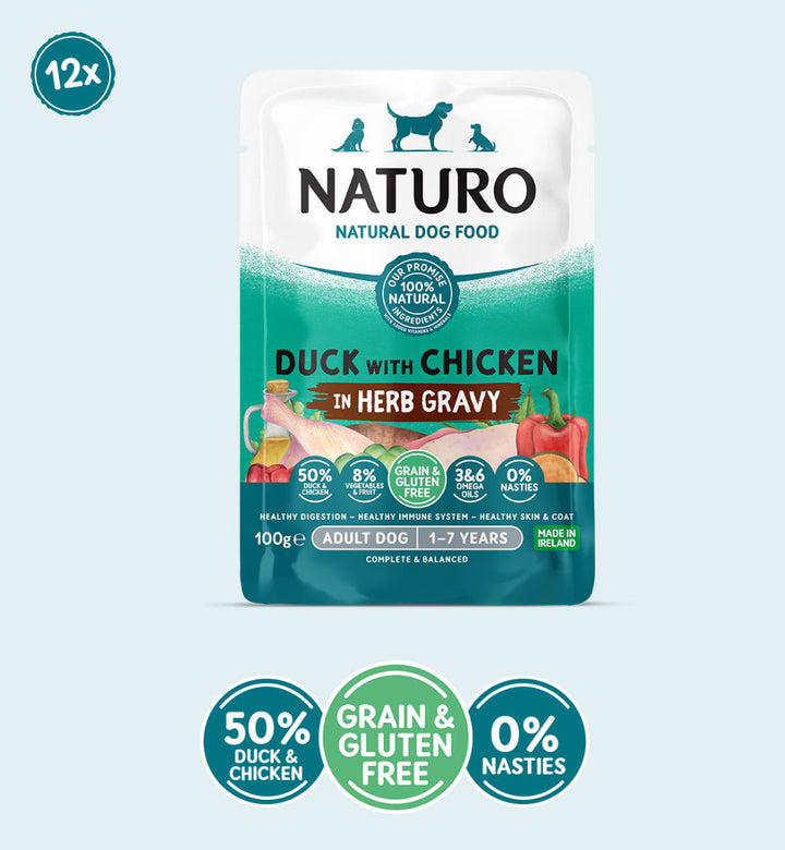 Naturo  Adult Dog Pouch Gluten & Grain Free Duck with Chicken in Herb Gravy 12x100g