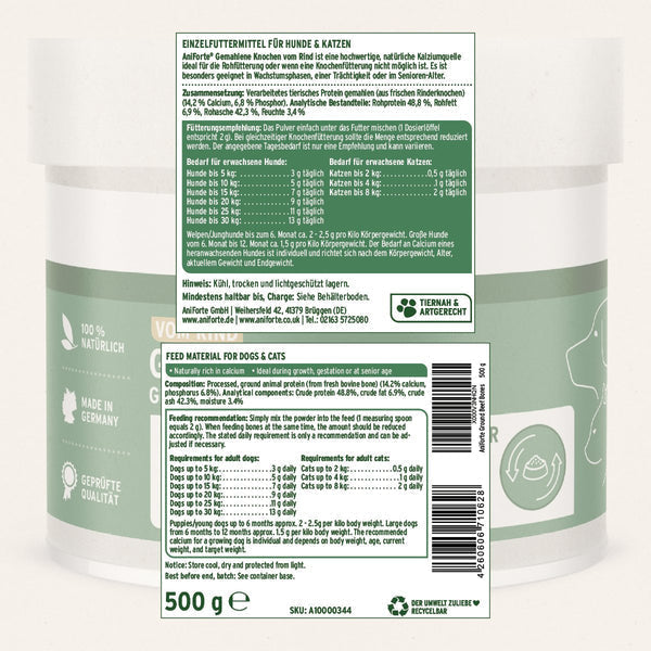 Aniforte Ground Beef Bones - Natural Calcium Supplement for Dogs &amp; Cats - 500g