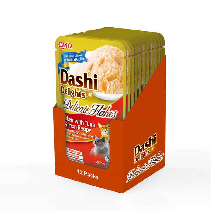 Dashi Delights Delicate Flakes Chicken with Tuna &amp; Salmon Recipe Cat Wet Pouches 40gx12