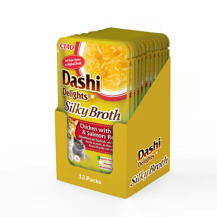Dashi Delights Silky Broth Chicken with Salmon Recipe Cat Wet Pouches 40gx12