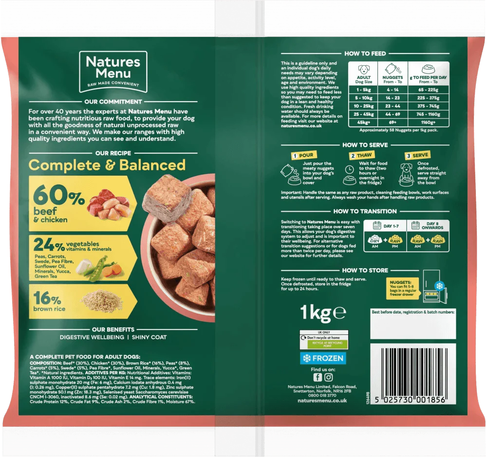 Natures Menu 60/40 Beef Nuggets with Chicken, Vegetables and Brown Rice 1kg - Ormskirk Pets