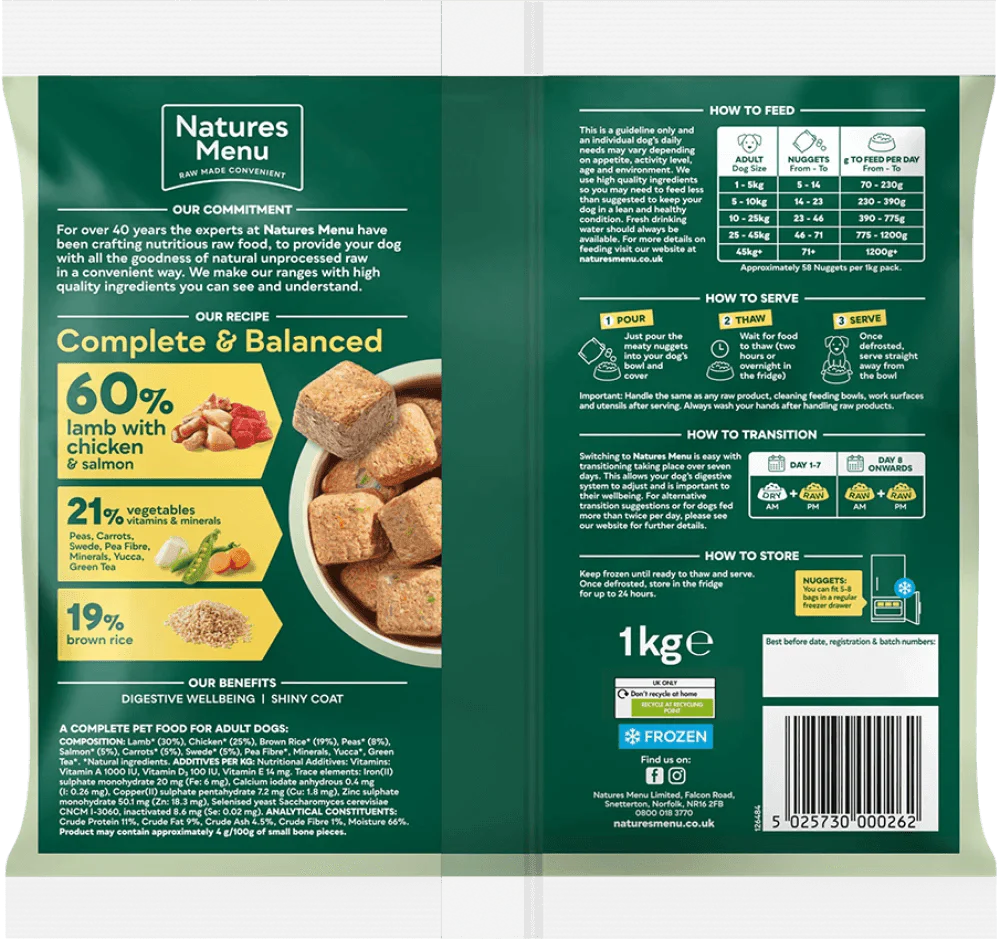 Natures Menu 60/40 Lamb with Chicken, Salmon, Vegetables and Brown Rice 1KG For Adult Dogs - Ormskirk Pets