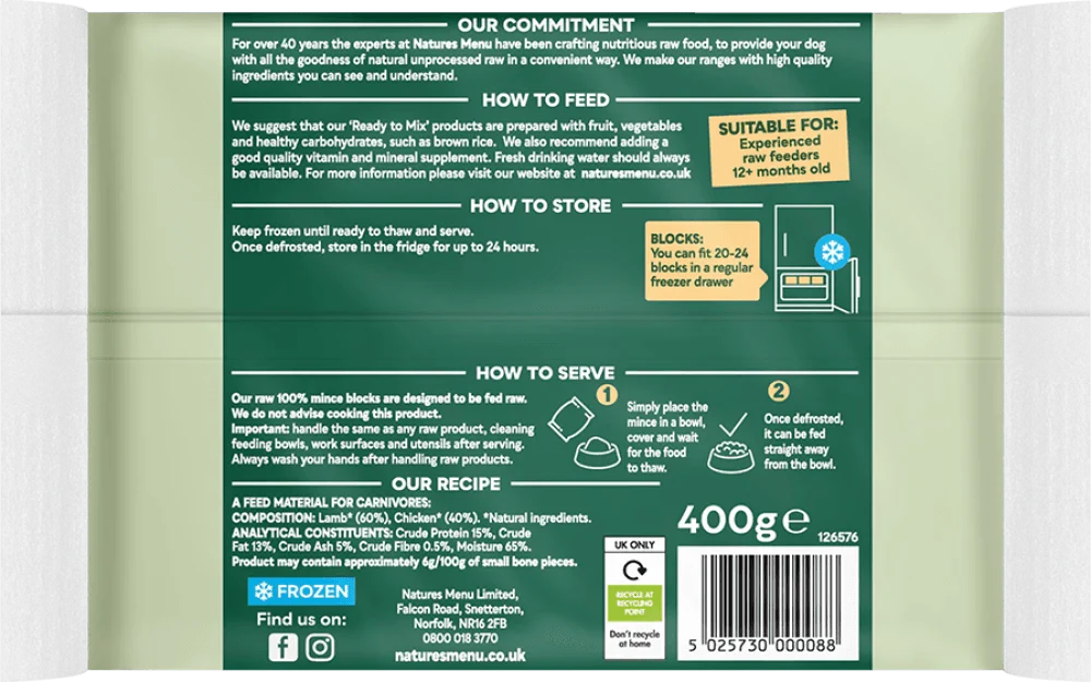 Natures Menu Just 100% Lamb and Chicken Mince 400g - Ormskirk Pets
