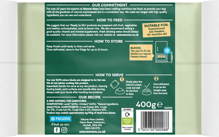 Natures Menu Just 100% Lamb and Chicken Mince 400g - Ormskirk Pets