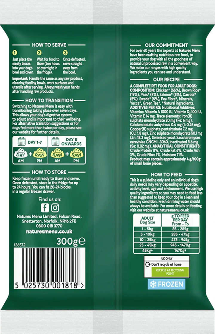 Natures Menu 60/40 Chicken with Salmon, Vegetables and Brown Rice Block 300g