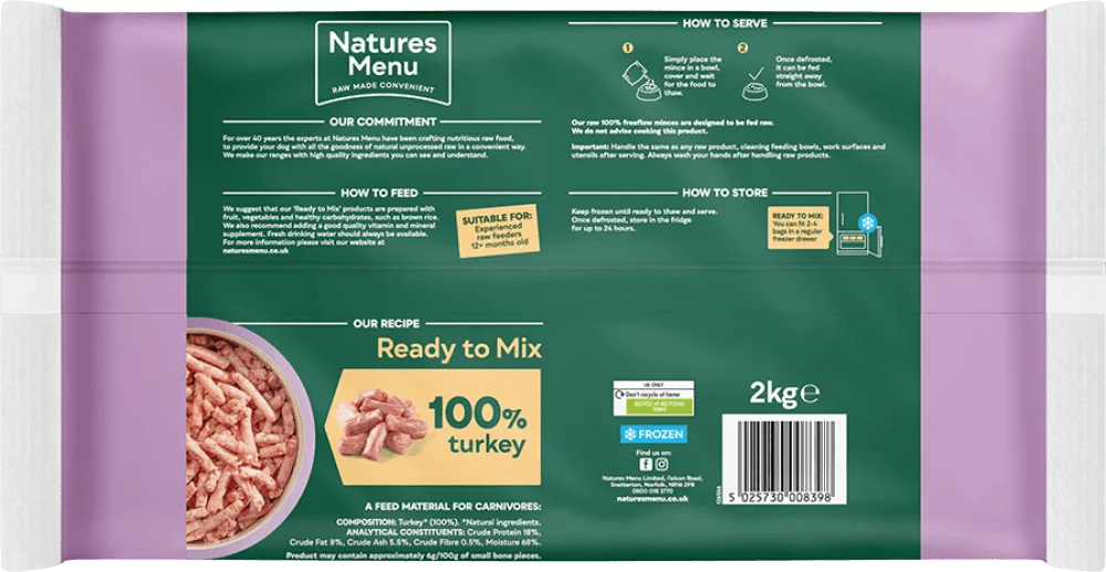 Natures Menu 100% Turkey Freeflow Mince for Adult Dogs 2kg - Ormskirk Pets