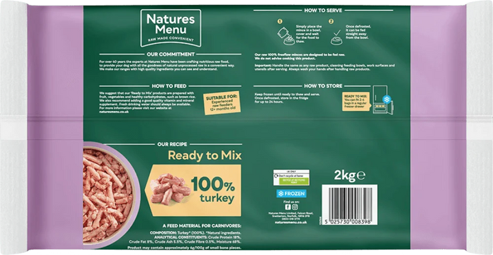 Natures Menu 100% Turkey Freeflow Mince for Adult Dogs 2kg - Ormskirk Pets