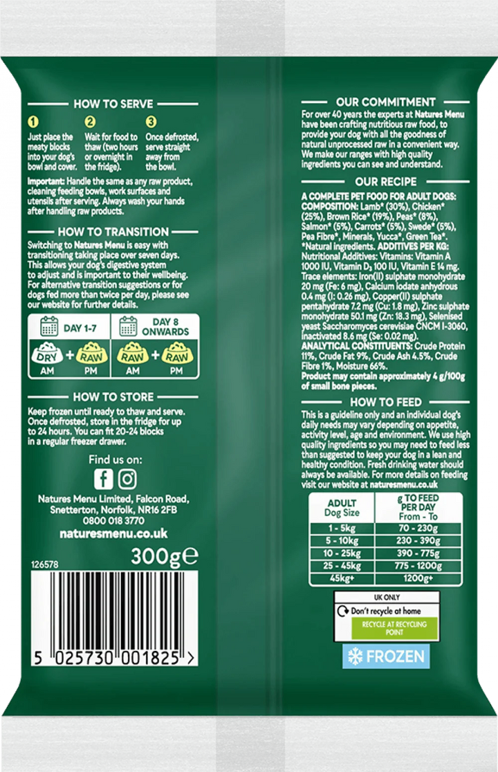 Natures Menu 60/40 Lamb with Chicken, Salmon, Vegetables and Brown Rice Block 300g